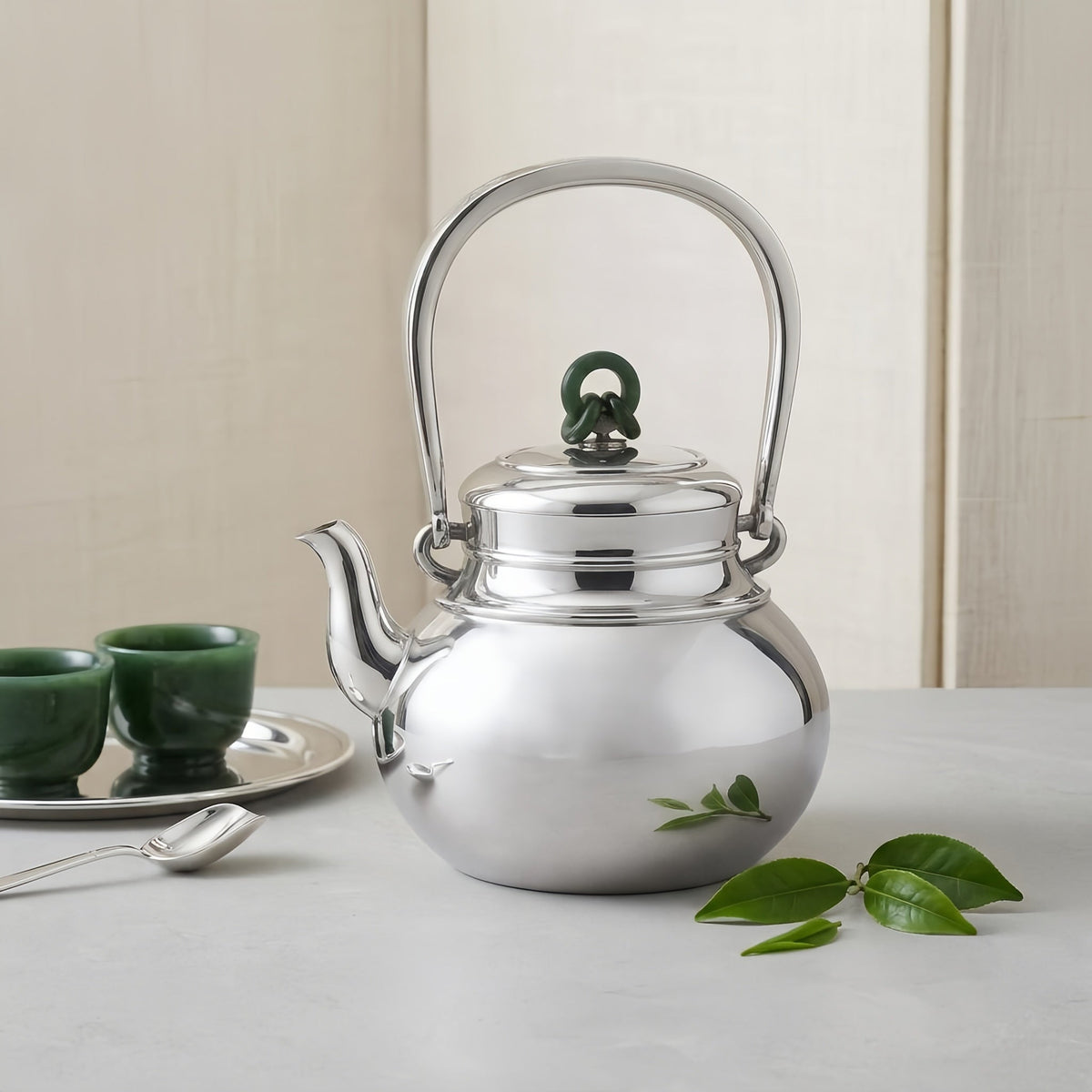 925 Sterling Silver Elegant Polished Silver Tea Kettle with Green Jade Knot Finial and Arch Handle - Handicraft