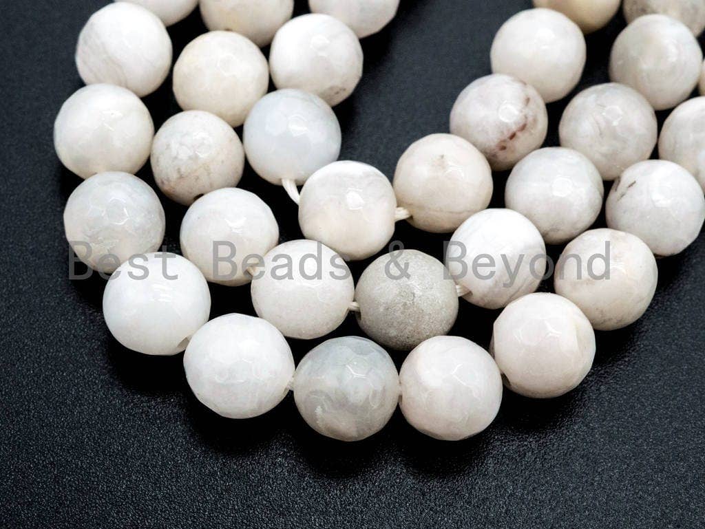 Natural white and Grey Agate beads, 6mm/8mm/10mm/12mm Faceted Round Gemstone beads, White Lace Agate Beads, 15.5inch strand, SKU#U122