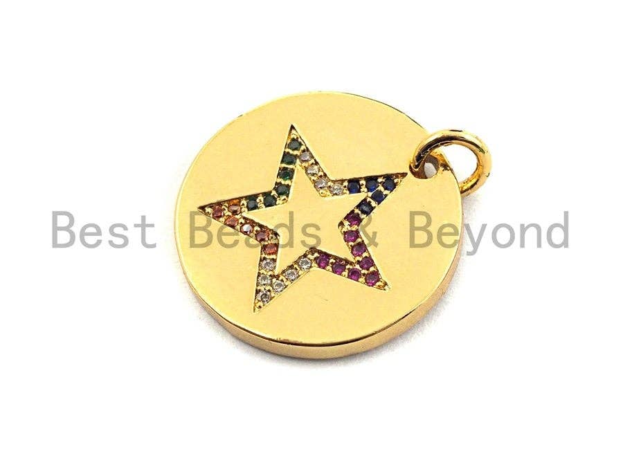 CZ Colorful Micro Pave Round Gold With Five Star Pendant, Coin Shaped Pave Pendant, Gold plated, 21x21mm, Sku#F869