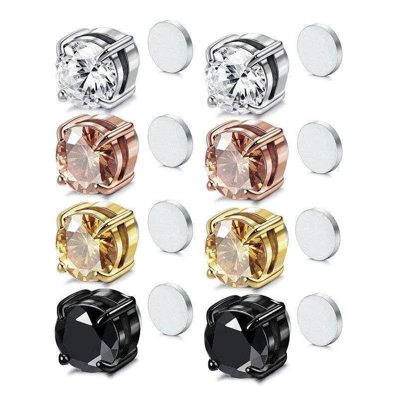 Magnetic Stud Earrings for Men Women Unisex, Non-Piercing Clip On CZ Studs, 6/8mm 4-Prong Round Stainless Steel