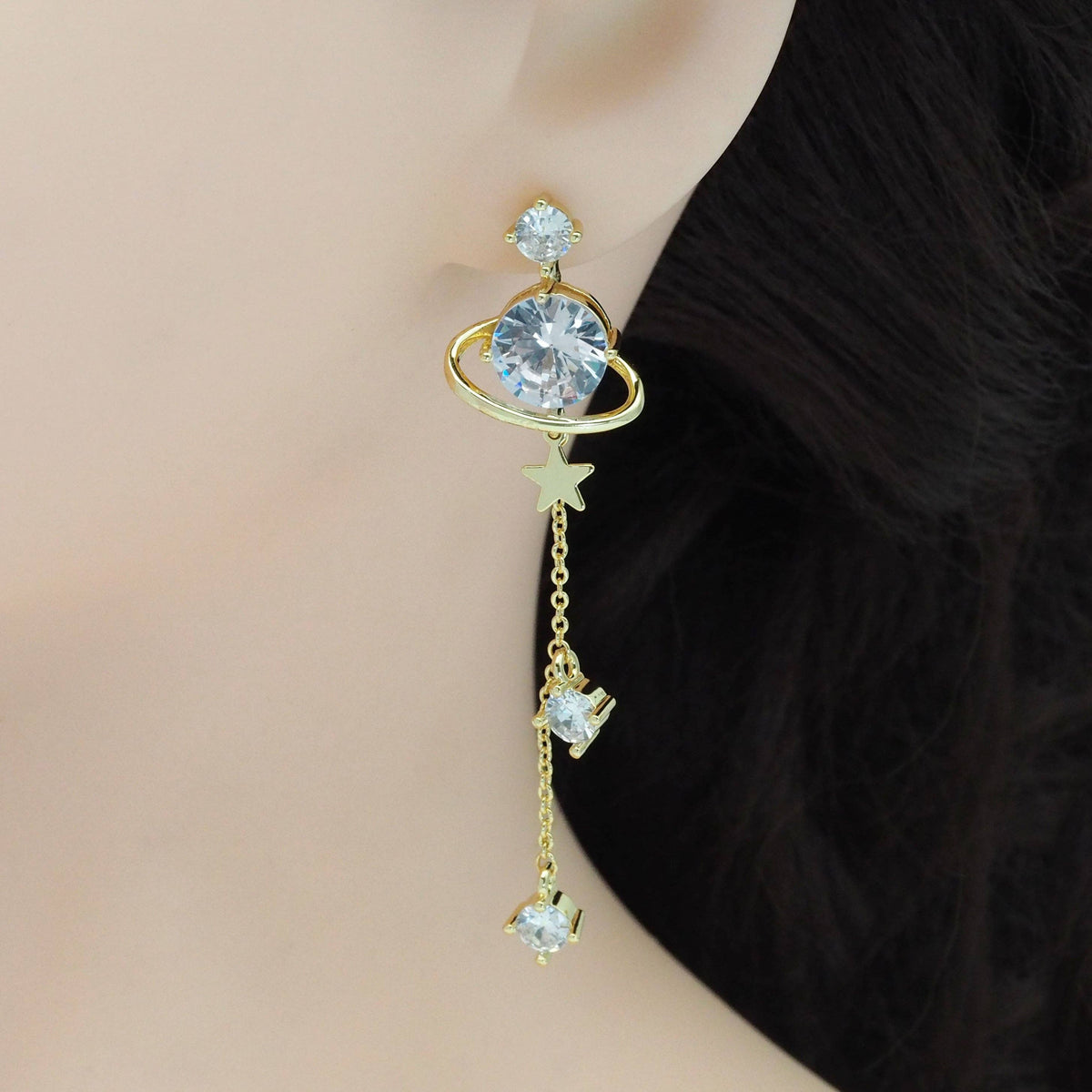 Gold Star Planet Dangle Stud Earrings, Sku#LD466