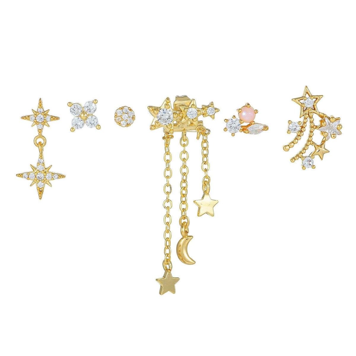 Stacking 6 Pieces Celestial Bloom Earring Set, 18k Gold Stud Drop, S925 Needle, Stacked Lobe Designs with Dazzling Zirconia