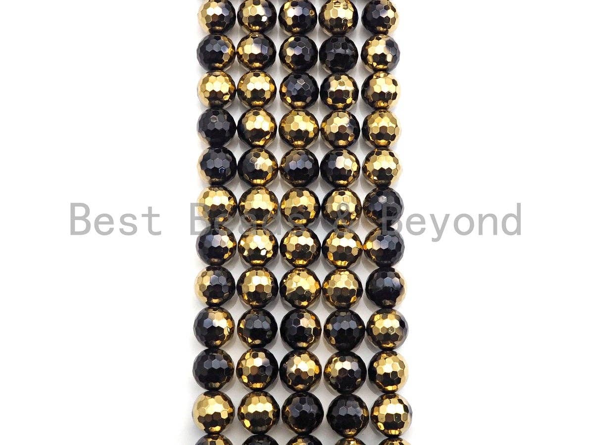 NEW!!! Natural Half Gold Plated Black Onyx Beads, 8mm/10mm/12mm Round Faceted Gold Black Onyx Beads, 15.5 Full Strand, sku# UA87