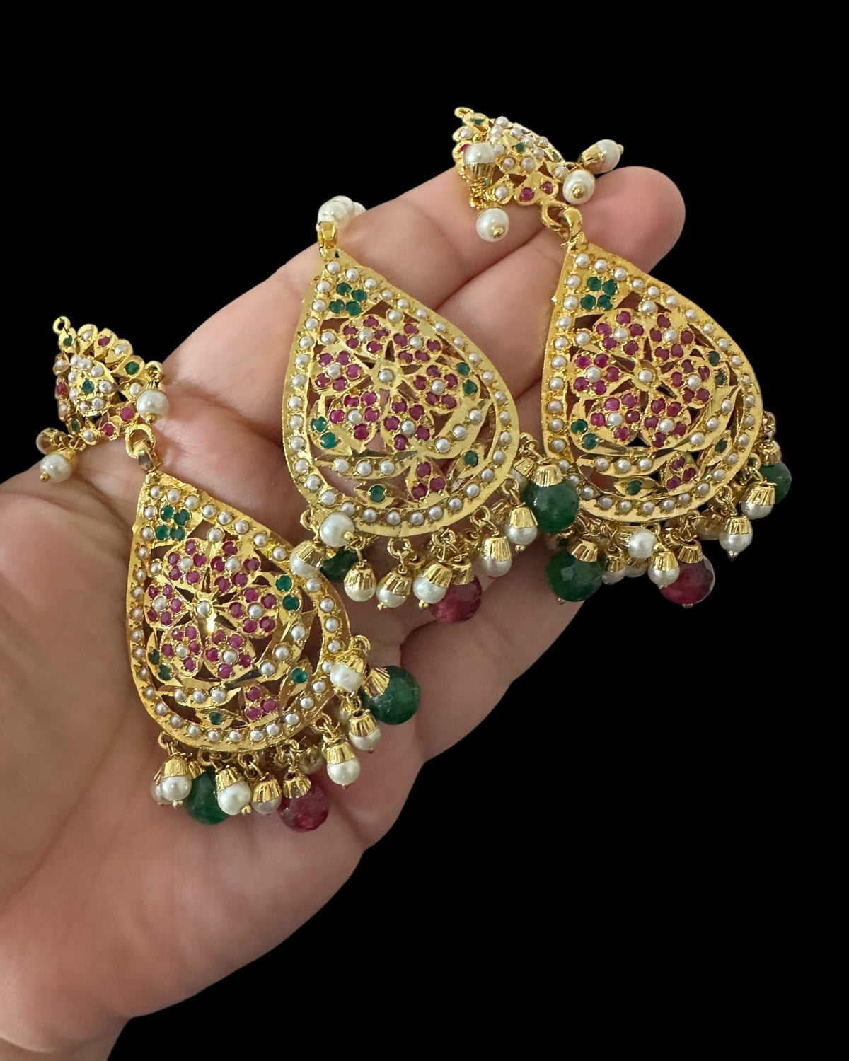 DJET94 Piya jadau earrings tika in ruby emerald pearls ( READY TO SHIP )