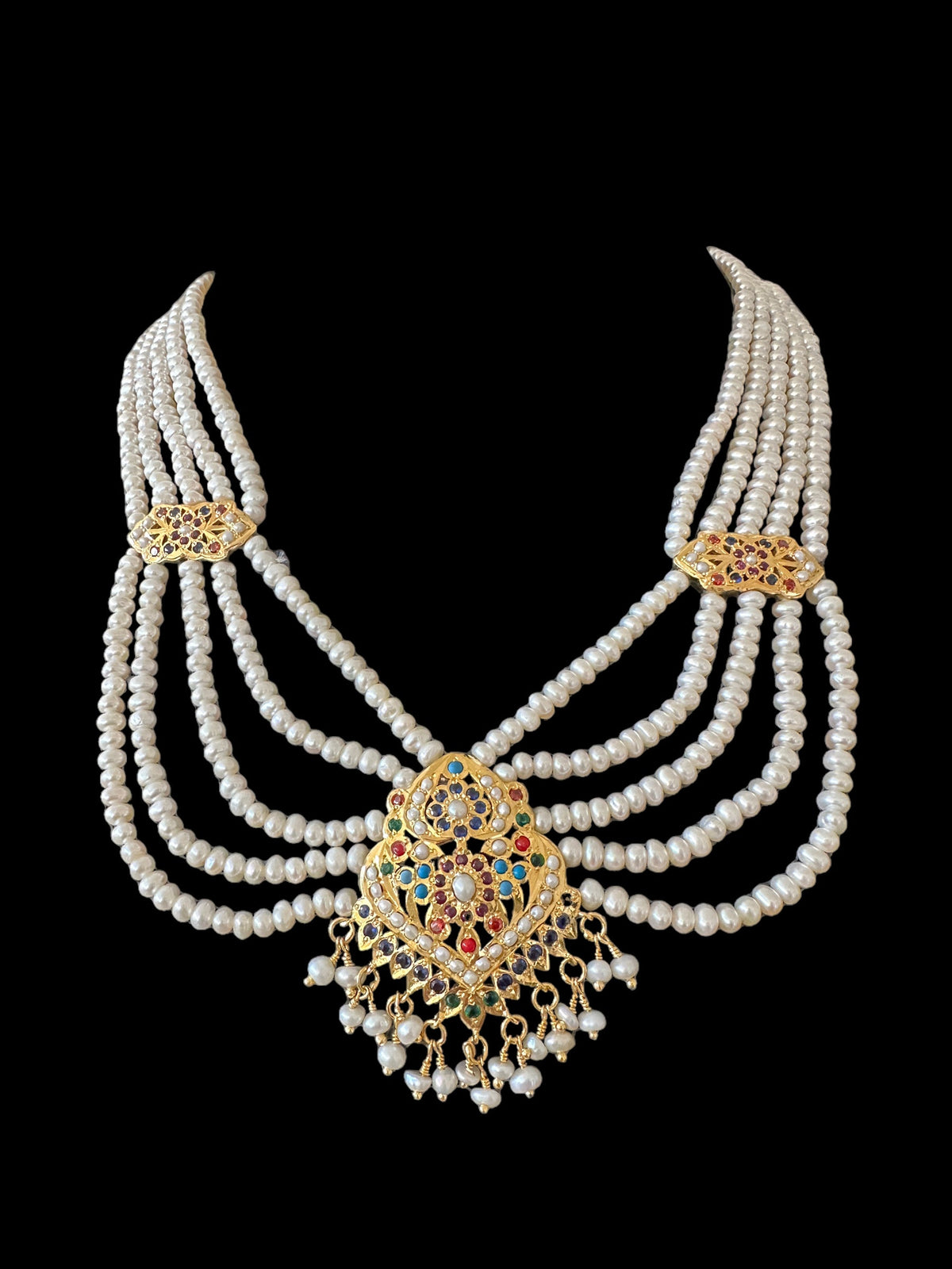 Navratan gold plated silver necklace with earrings in fresh water pearls ( SHIPS IN 5 WEEKS  )