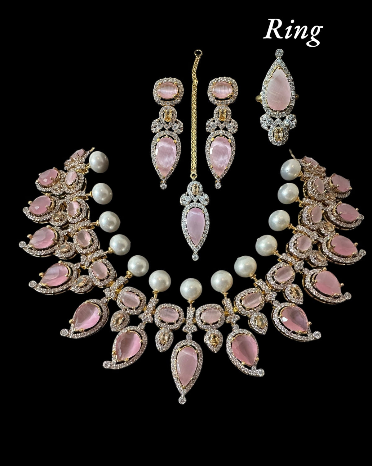BR462  Anmol necklace set in pink( rose quartz ), Cats eye and pearls ( READY TO SHIP )
