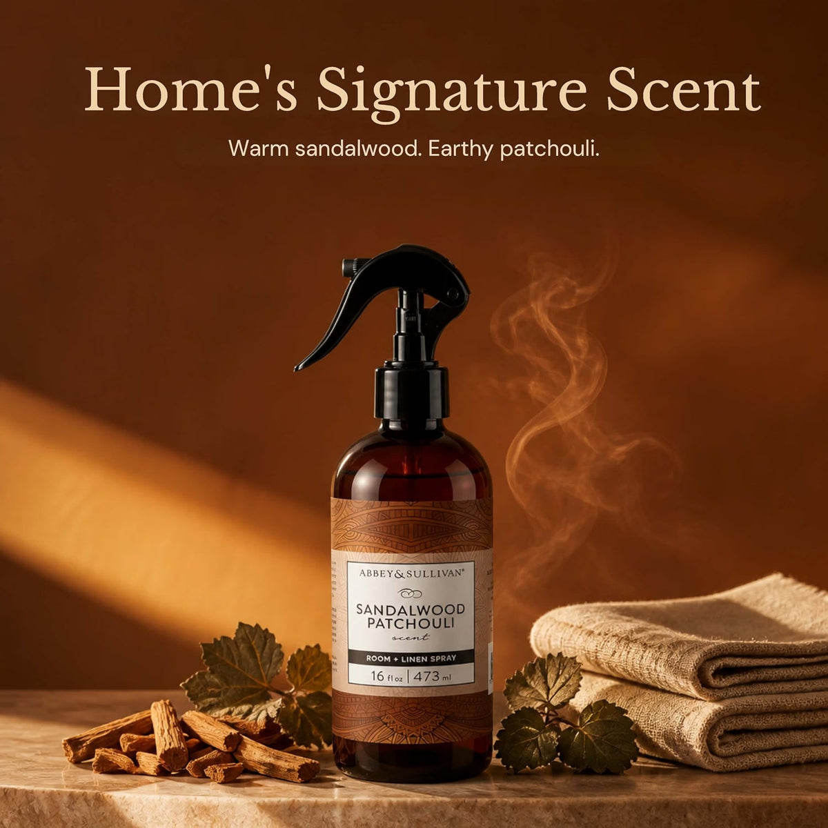 Abbey & Sullivan Odor Eliminating and Refreshing Linen and Room Spray, Sandalwood Patchouli, 16 oz