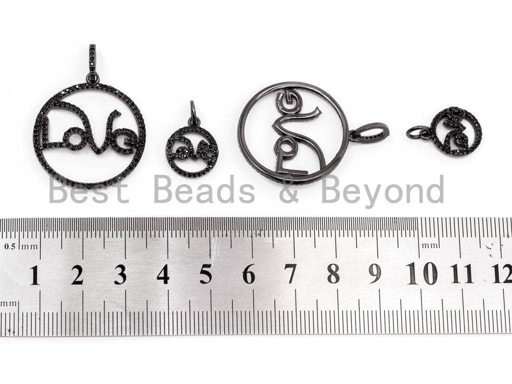 Black CZ Pave On Black  Micro Pave Love Shaped Round Pendant,Cubic Zirconia Love Pave Pendant Beads, Pave Pendant, 27x30/12x15mm, SKU#F364