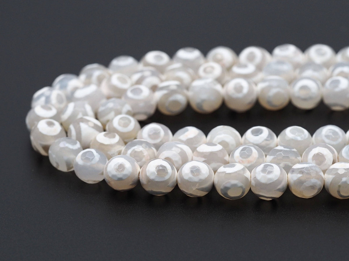 Natural White Evil Eye Tibetan Agate Round Faceted Beads, 10mm/12mm, Sku#UA236