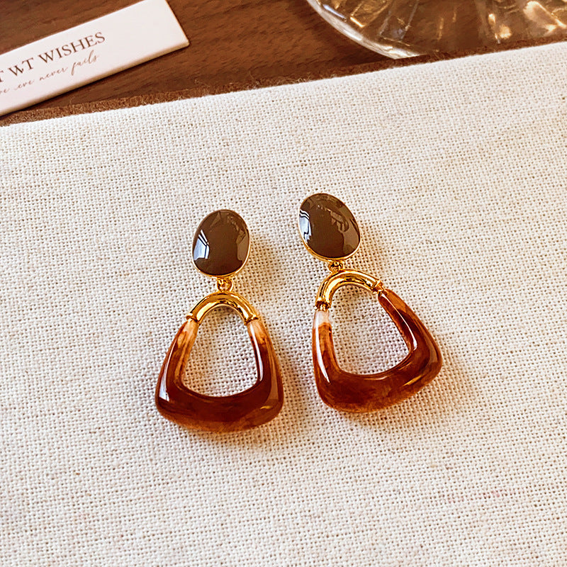 Handmade Maillard Aesthetic Earrings, Amber Resin Irregular Square Studs With Gold Tone Border, Retro Unique Button Jewelry, Gift For Her