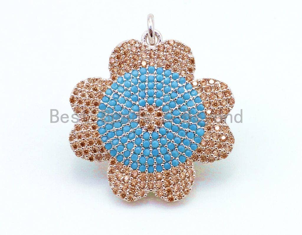 CZ Micro Pave Turquoise Flower Pendant, Cubic Zirconia Pendant, 23mm, SKU#F25C