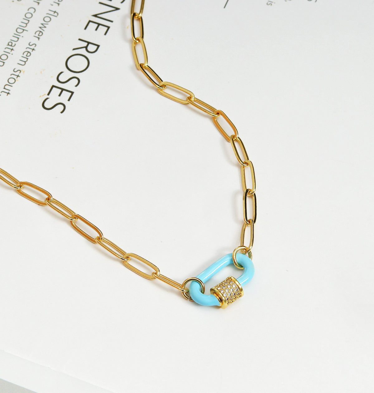 Mini Enamel Oval Clasp Paperclip Necklace, Sku#CL06