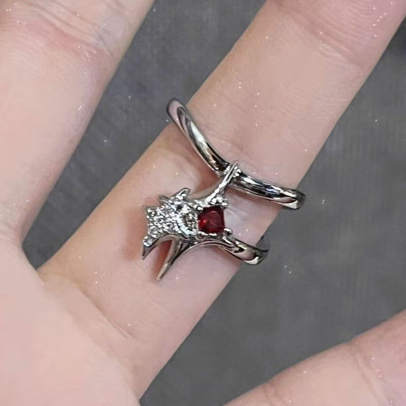 Gothic Cross Red Zircon Open Ring - Y2K Subculture Jewelry