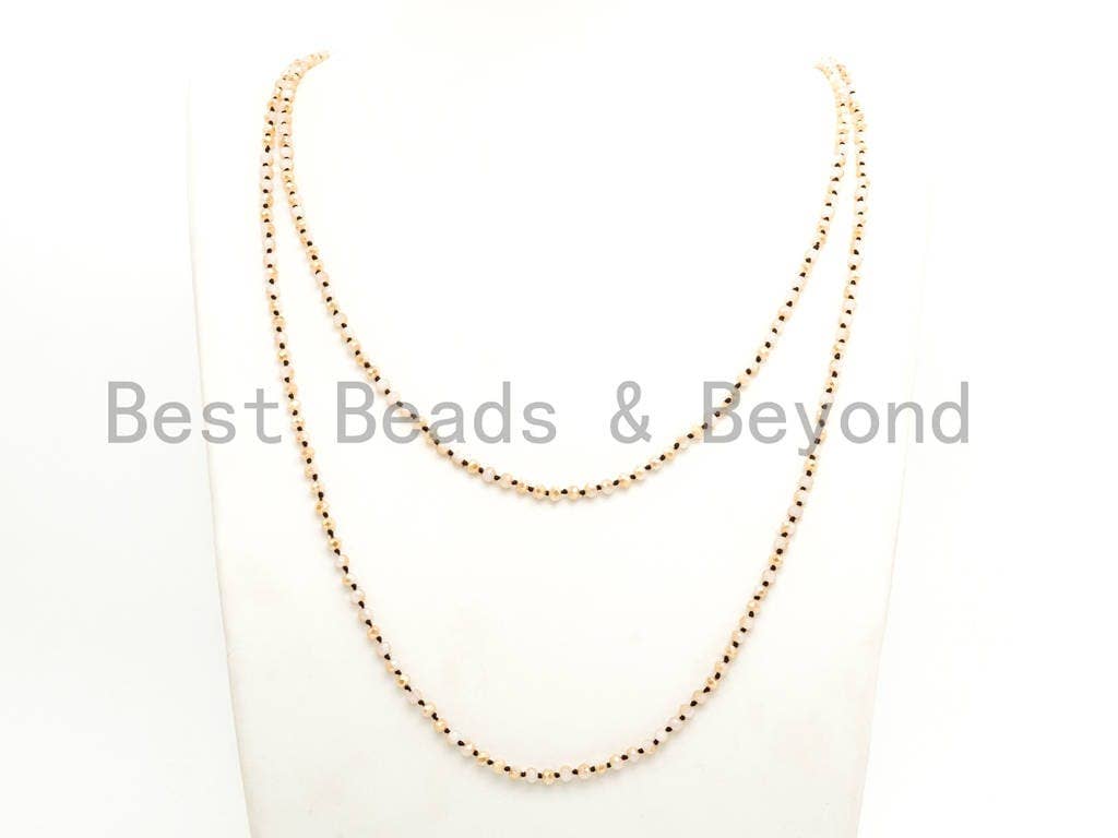 60 EXTRA Long Hand Knotted  Neutral Color Crystal Necklace, Double Wrap Necklace, Gold Beige Color 2x4mm Rondelle Crystal Beads, SKU#D20