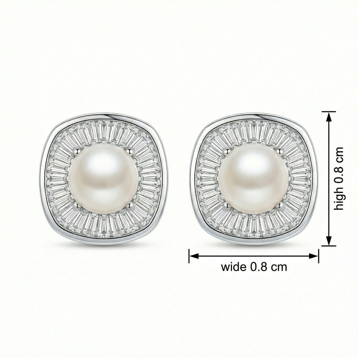 925 Sterling Silver Radiant Pearl and Tapered Baguette CZ Cushion Halo Stud Earrings