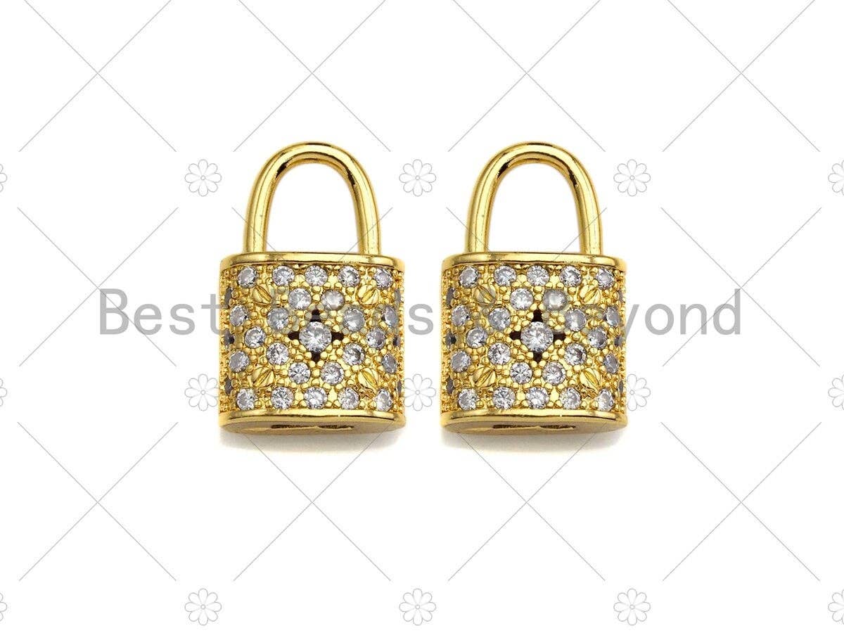 18K Gold Micro CZ Pave Lock Pendant, Gold Lock Charm,  Padlock Beads, Jewelry Findings, 12x18mm, sku#LK46