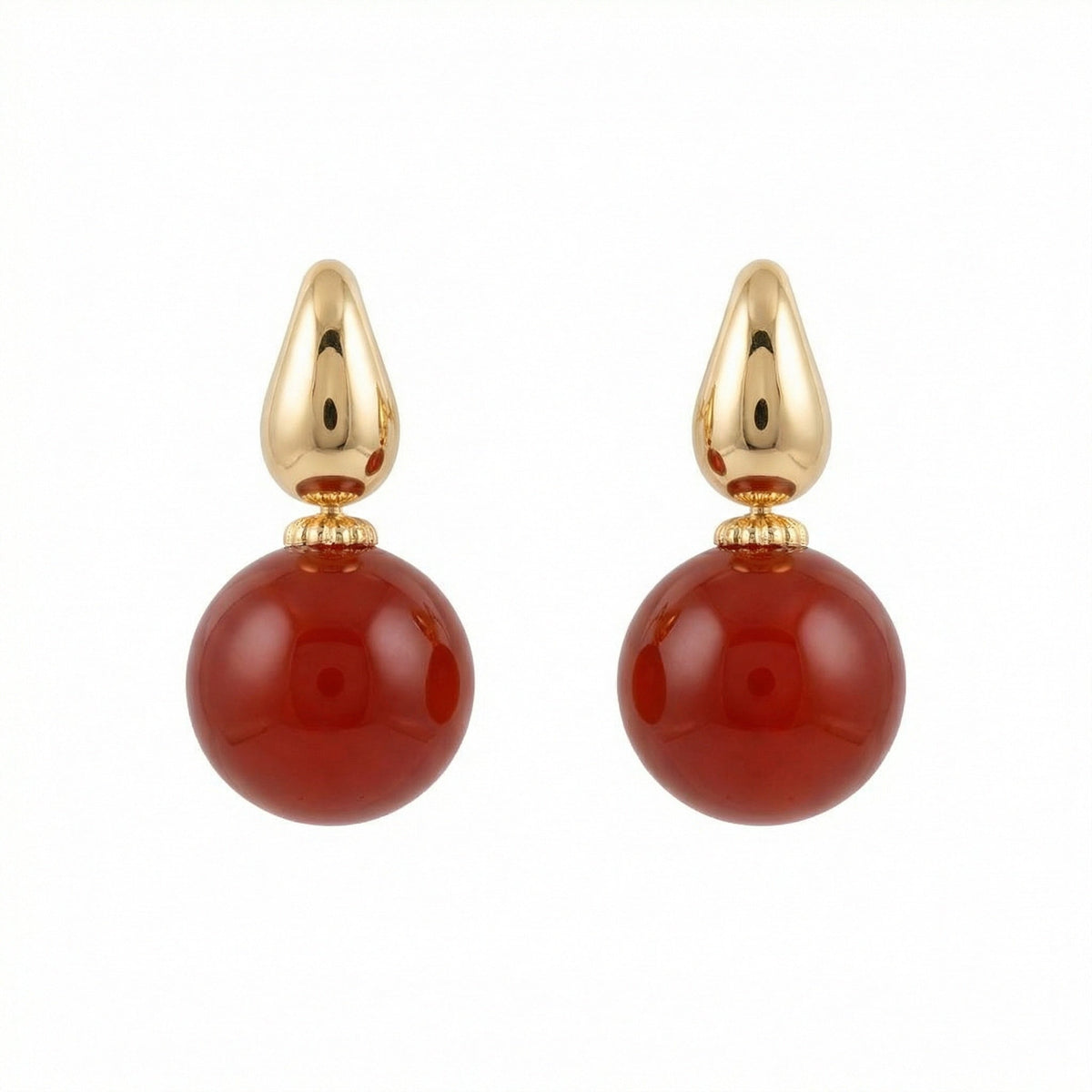 925 Sterling Silver Elegant Red Carnelian Sphere and Polished Metallic Teardrop Drop Earrings