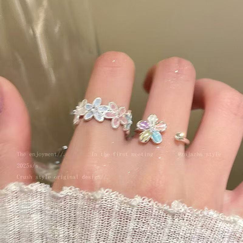Bohemian Spring Flower Open Ring For Women, Enamel High-End Fashion Index Finger Ring