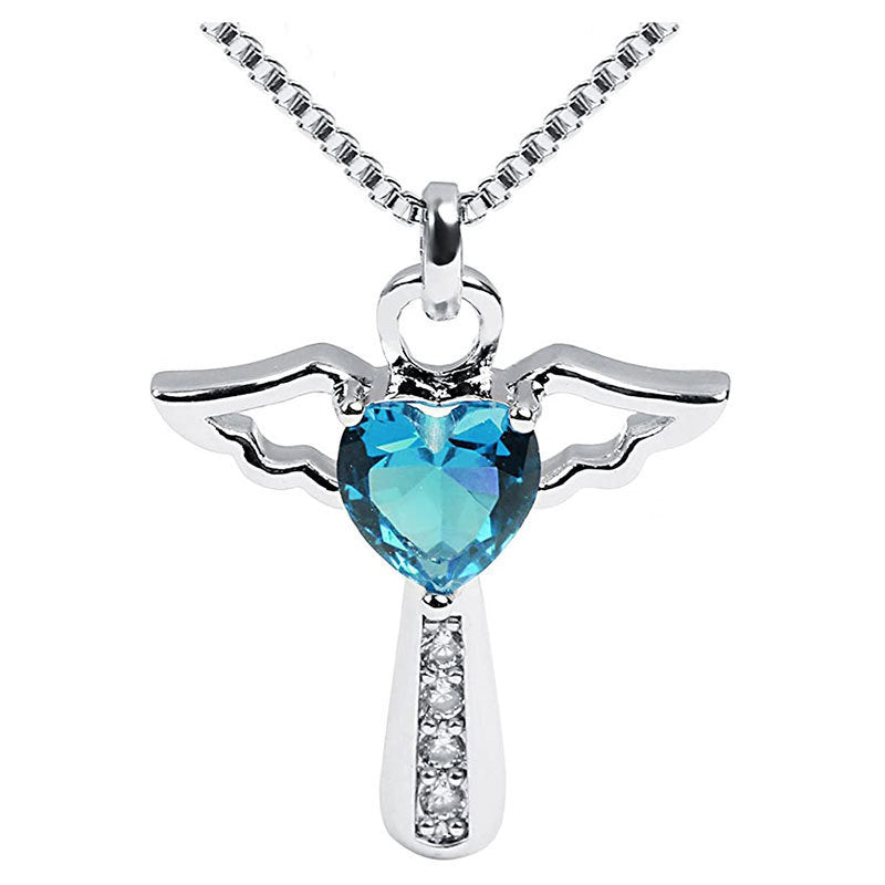 European And American Necklace Cross-border Amazon WISH Cross Wings Peach Heart Necklace Multi-color Zircon Crystal Pendant For Women