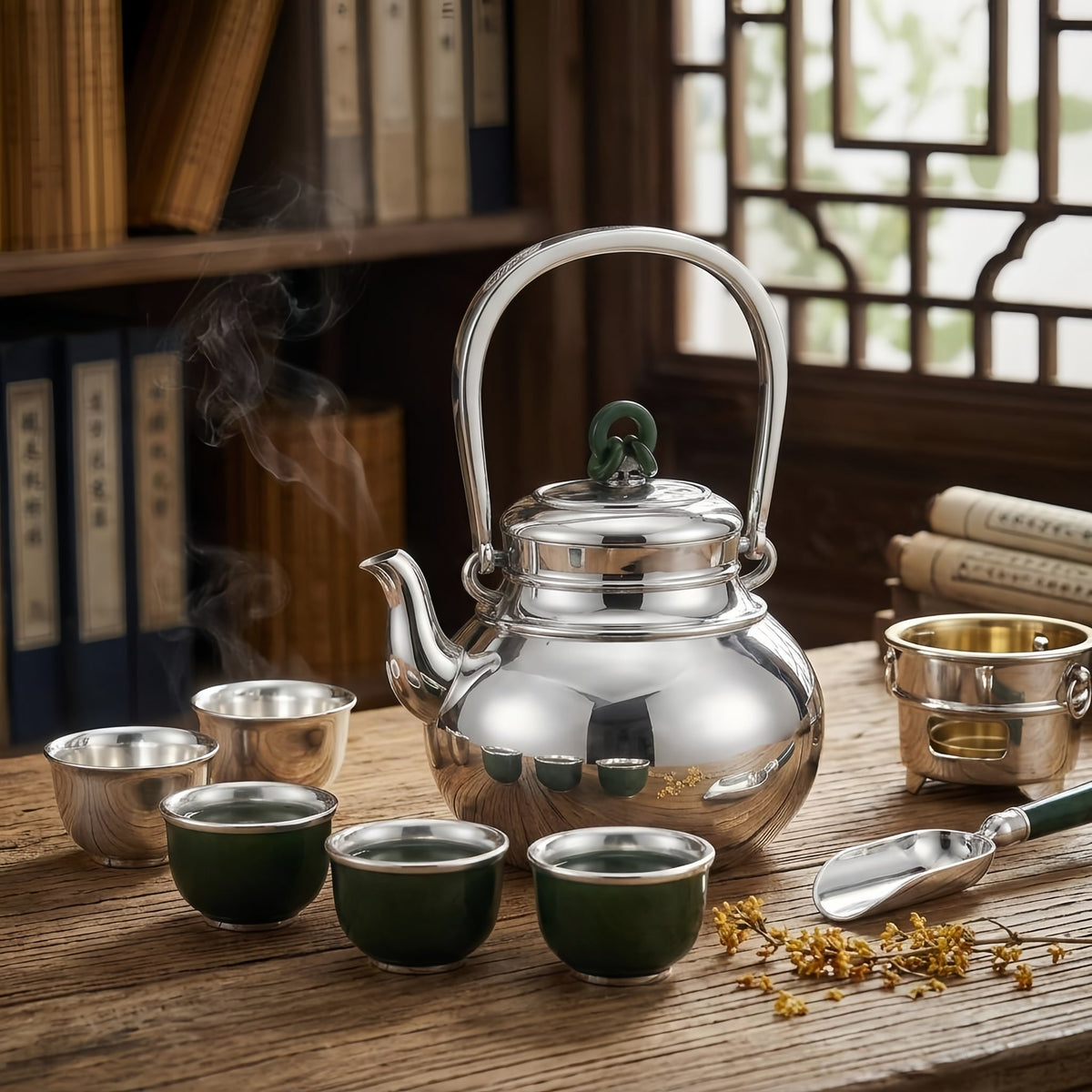 925 Sterling Silver Elegant Polished Silver Tea Kettle with Green Jade Knot Finial and Arch Handle - Handicraft