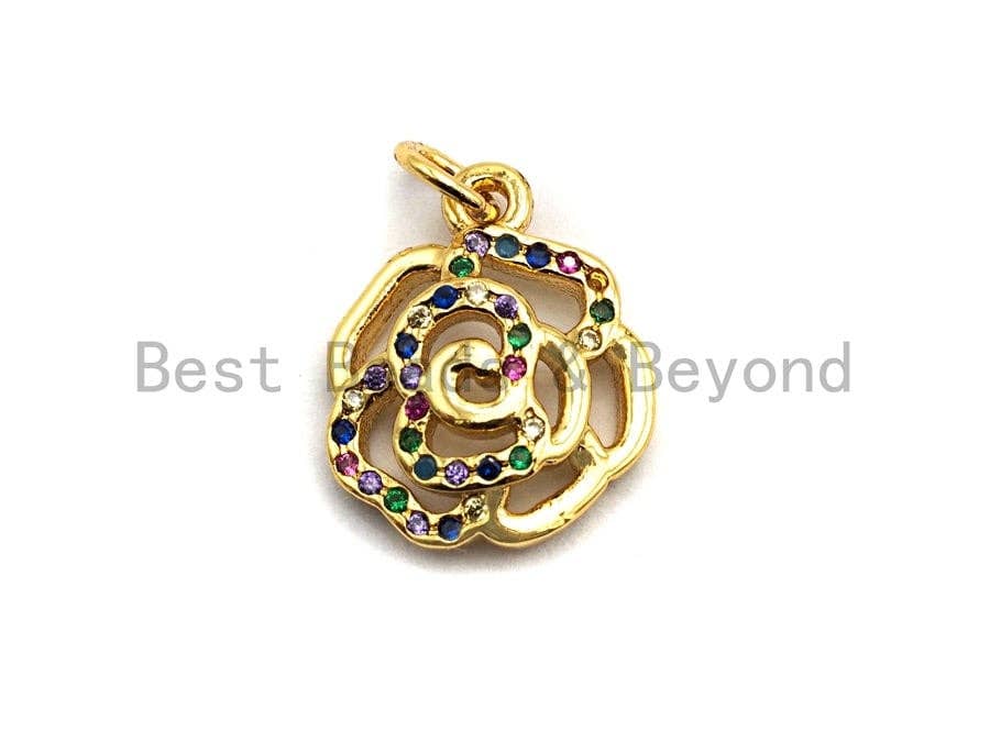 CZ Colorful Micro Pave Rose Flower Pendant, Rose Shaped Pave Pendant, Gold plated, 13x16mm, Sku#F839