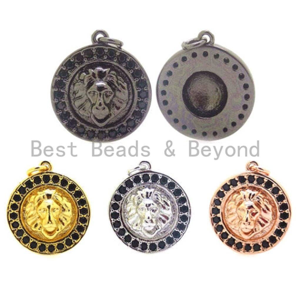 Black CZ Micro Pave Lion Head Round Pendant/Charm, Cubic Zirconia Men's Bracelet Charm Pendant,15mm,1pc/2pcs,  sku#F169