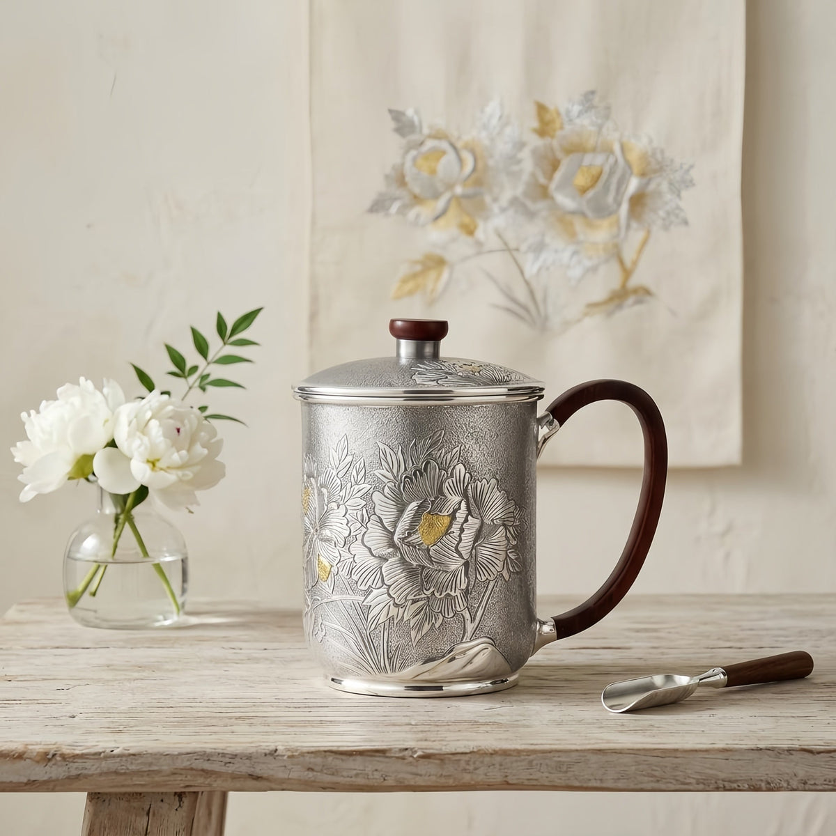 Pure 999 Fine Silver Handcrafted Silver Mug with Embossed Peony Motifs and Rosewood Accents - Handicraft
