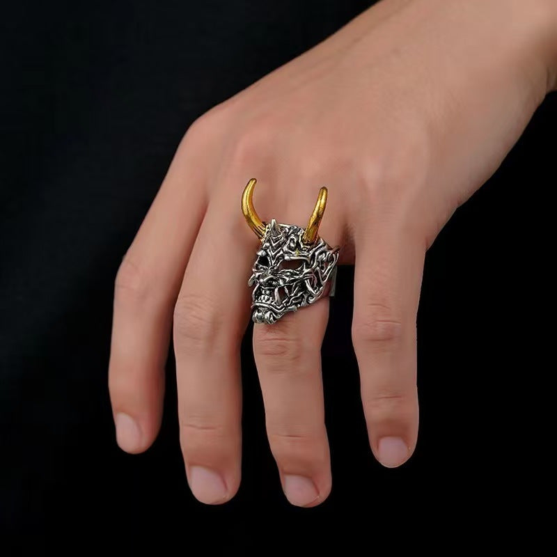 Vintage Silver Oni Hannya Mask Ring, Gold Horns Demon Skull Adjustable Band, Gothic Punk Biker Ring For Men