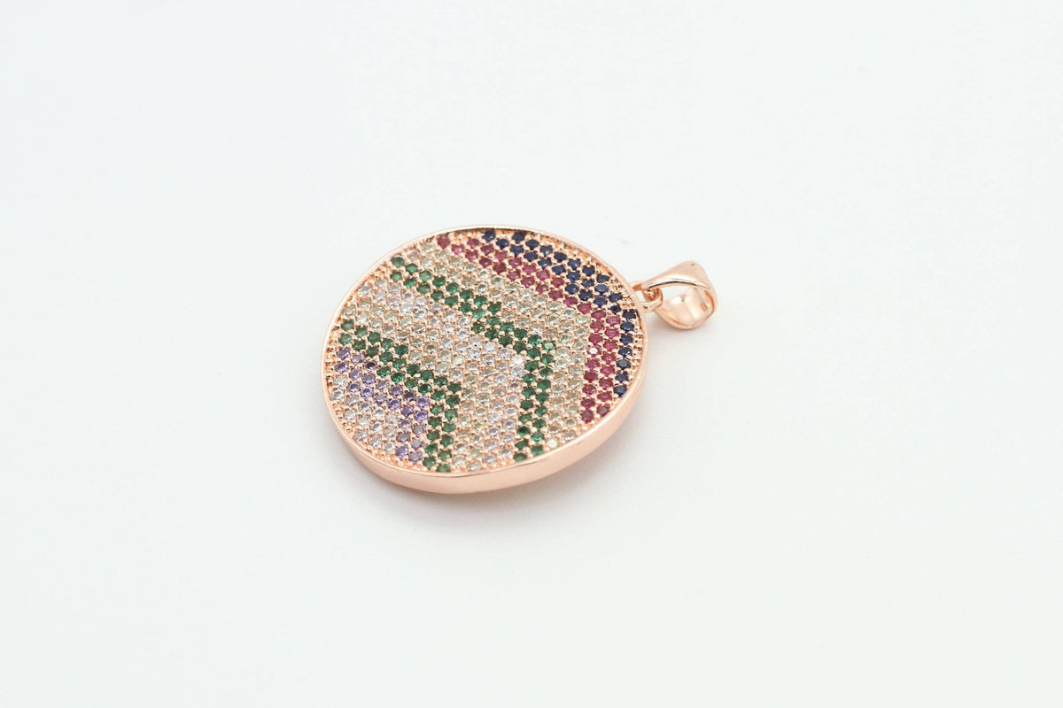 CZ Micro Pave Mixed Color Zigzag Round Disc Pendant, Cubic Zirconia Necklace Pendant, 25x31mm, sku#F3