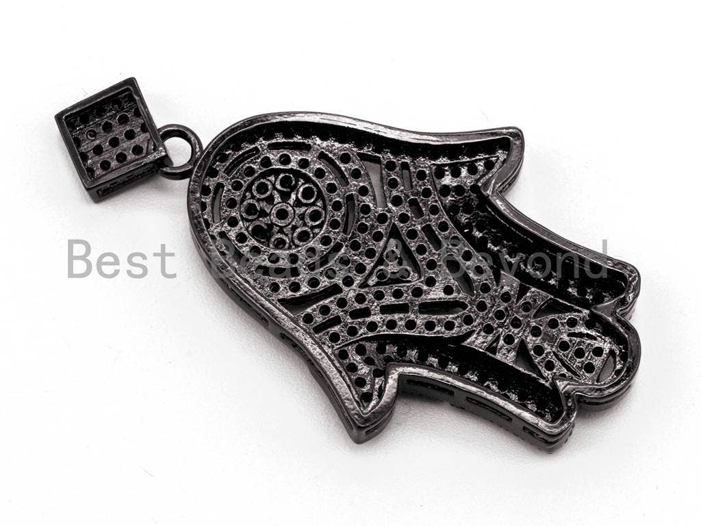 Black CZ Pave On Black Micro Pave Hamsa Hand with Flat Square Bail Pendant, 26x39mm, sku#F378