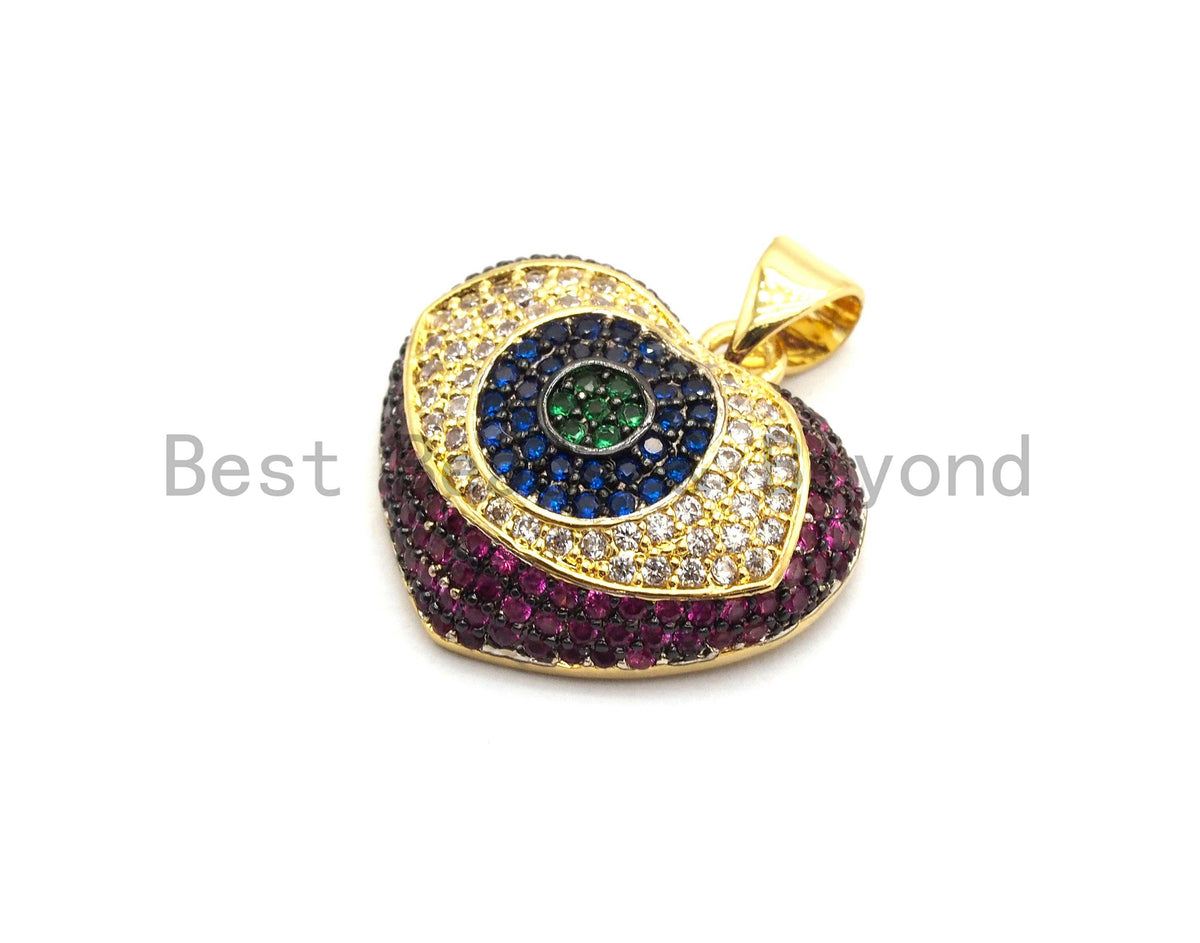 CZ Micro Pave Multi color Puffy Heart with Evil Eye Pendant, Heart Cubic Zirconia Pendant, Evil Eye Charm, 18x22mm,sku#F692