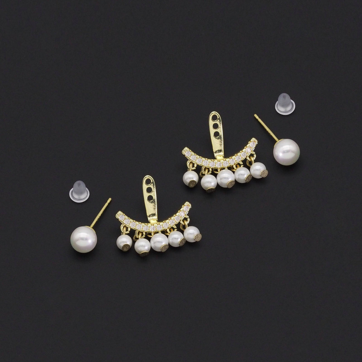 Clear CZ Gold White Pearl Dangle Earrings, Sku#LX427