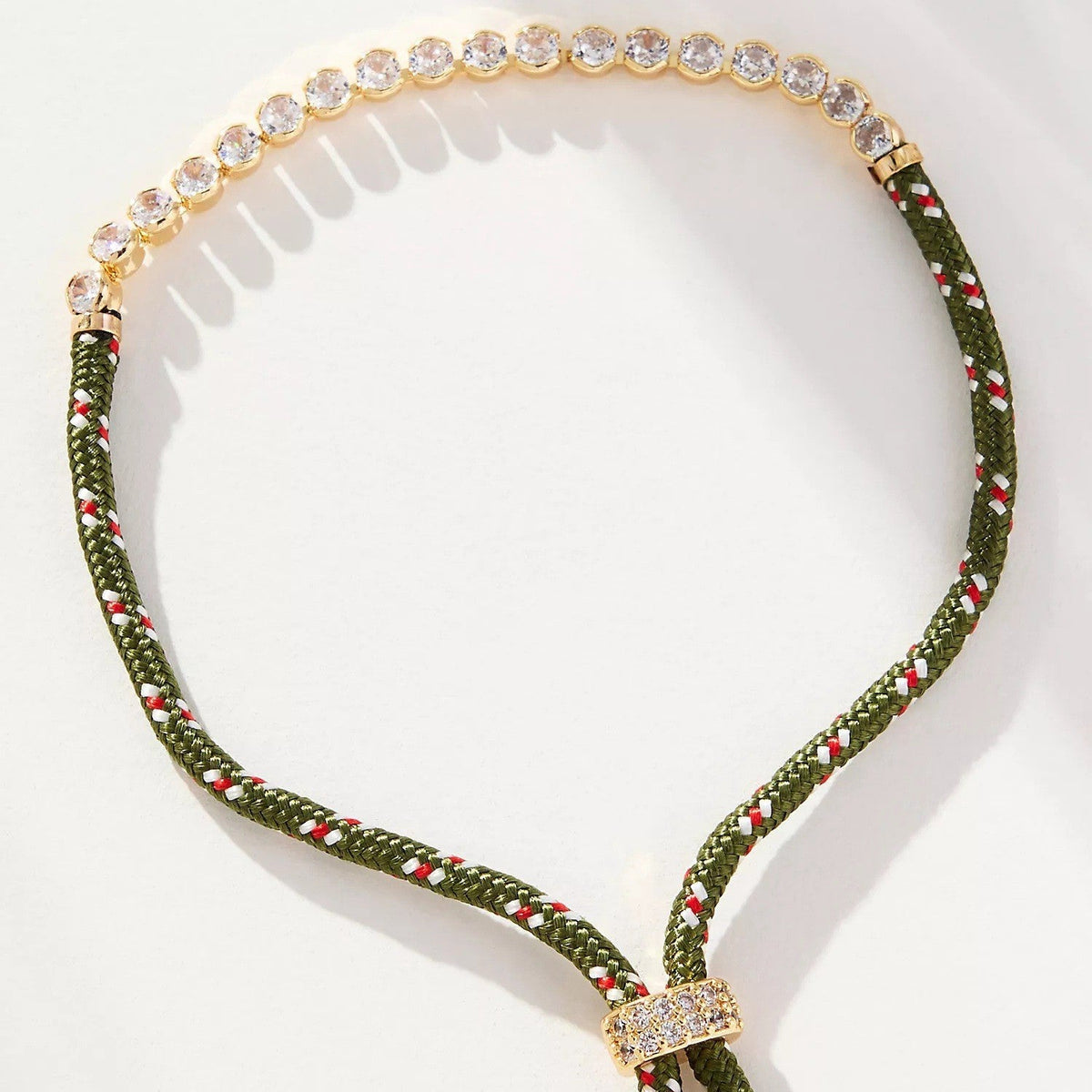 Off-white Brown-striped Woven Necklace With Diamond-encrusted Gold Chain