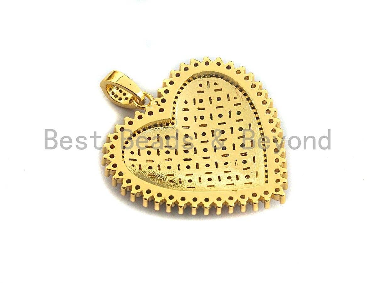 CZ Colorful Micro Pave Heart Gold With Baguette CZ Filigree Pendant, Heart Shaped Pave Pendant, Gold plated, 36x36mm, Sku#F948