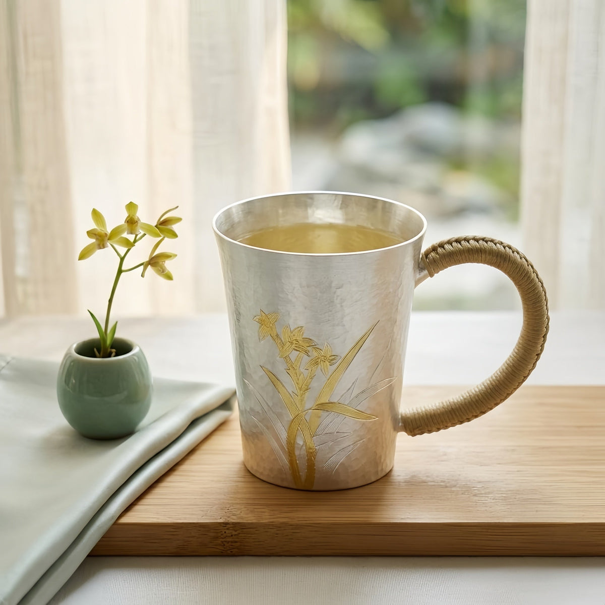 925 Sterling Silver Elegant Hammered Silver Mug with Orchid Engravings and Woven Handle - Handicraft