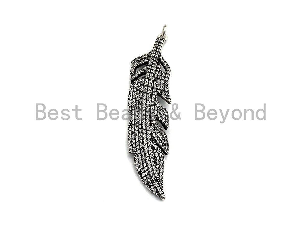 CZ Micro Pave Feather Pendant, Antique Silver Tone, Clear Cubic Zirconia Big Pave Feather Charm Pendant, 14x58mm,sku#F1011