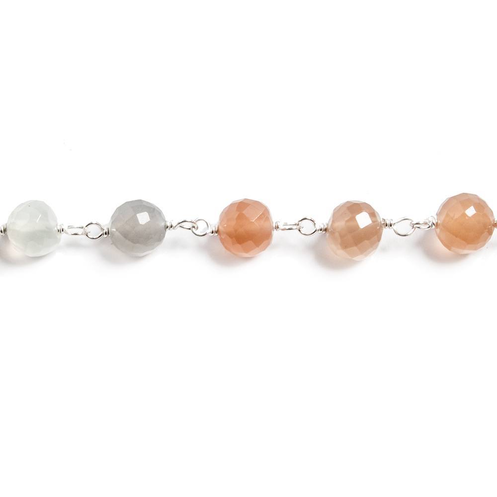 6mm Multi Moonstone faceted round .925 Silver Chain by the foot 27 beads