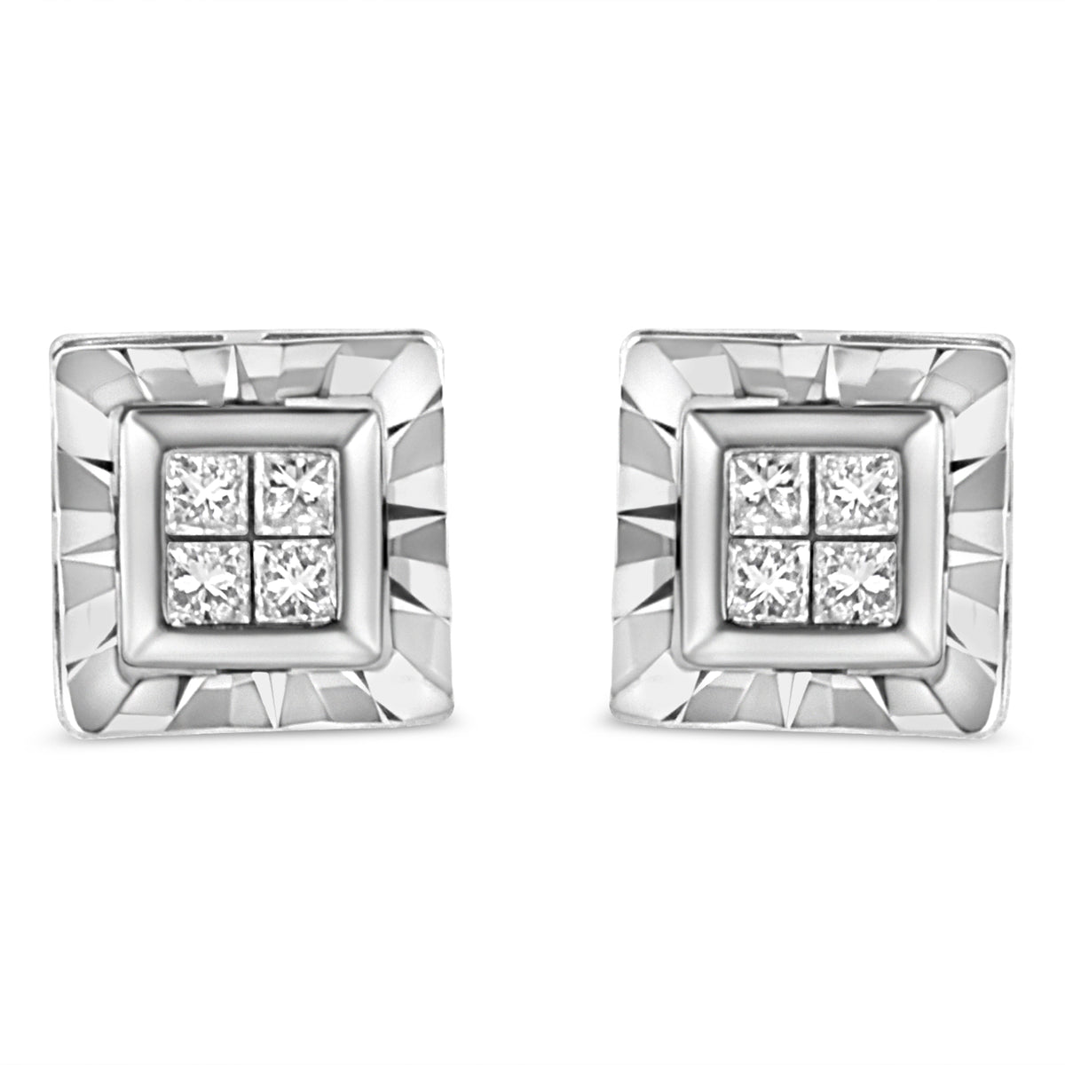 .925 Sterling Silver 1/6 Cttw Invisible Set Princess-Cut Diamond Quad Composite Stud Earrings (H-I Color, I1-I2 Clarity)