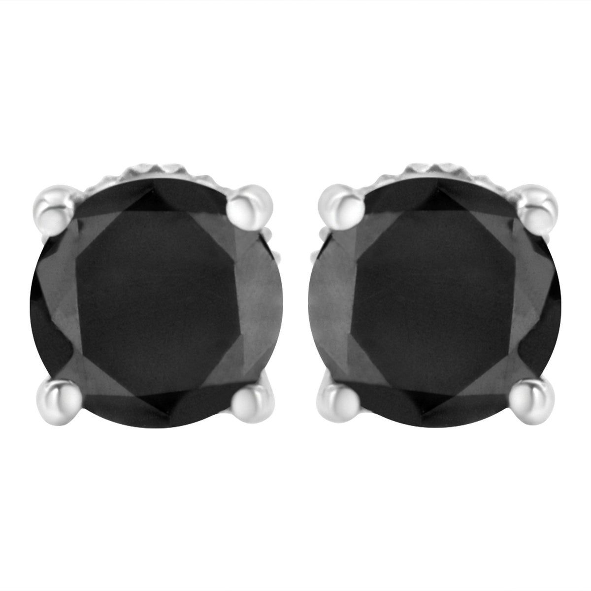 14K White Gold 2.00 Cttw Round Brilliant-Cut Black Diamond Classic 4-Prong Stud Earrings with Screw Backs (Fancy Color-Enhanced, I2-I3 Clarity)