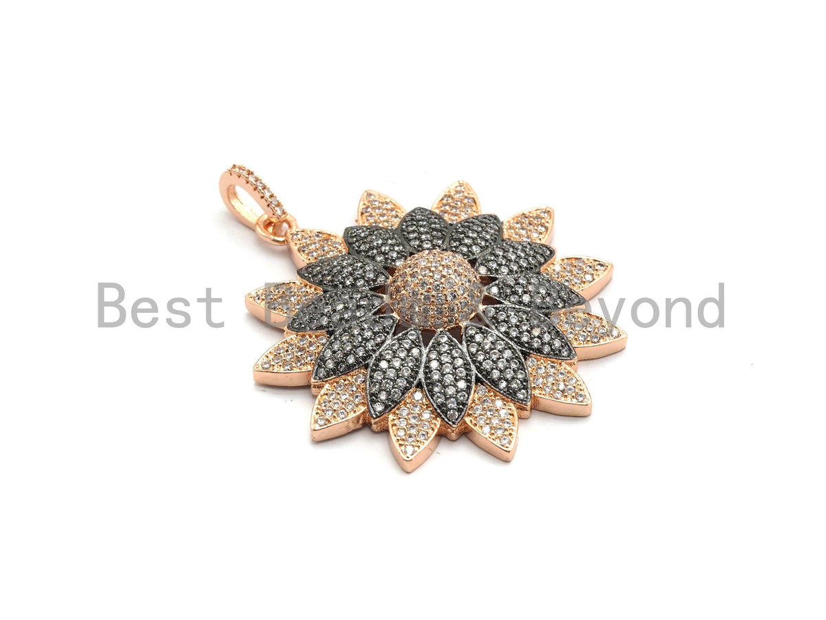 40mm Dual Color Cz Micro Pave Flower Pendant, Cubic Zirconia Pave Floral Pendant in Gold/Rose Gold/Black/Sliver Finish,sku#F662