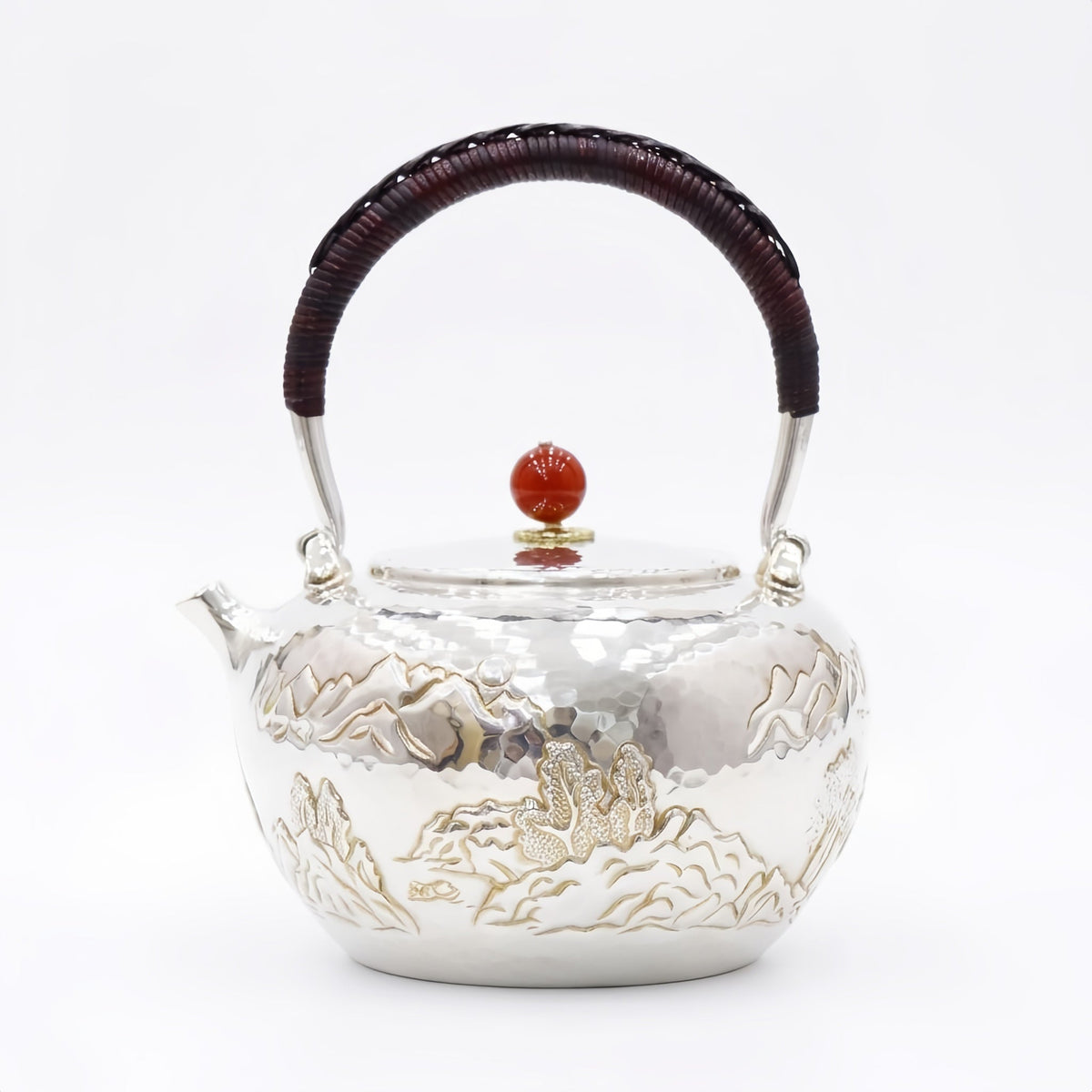 Pure 999 Fine Silver Exquisite Hand-Carved Silver Teapot with Mountain Landscape and Red Stone Finial - Handicraft