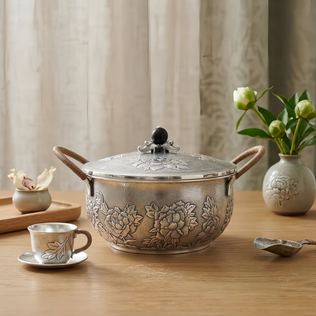 925 Sterling Silver Elegant Handcrafted  Serving Pot with Floral Motifs and Wooden Handles-Premium Hot Pot - Handicraft