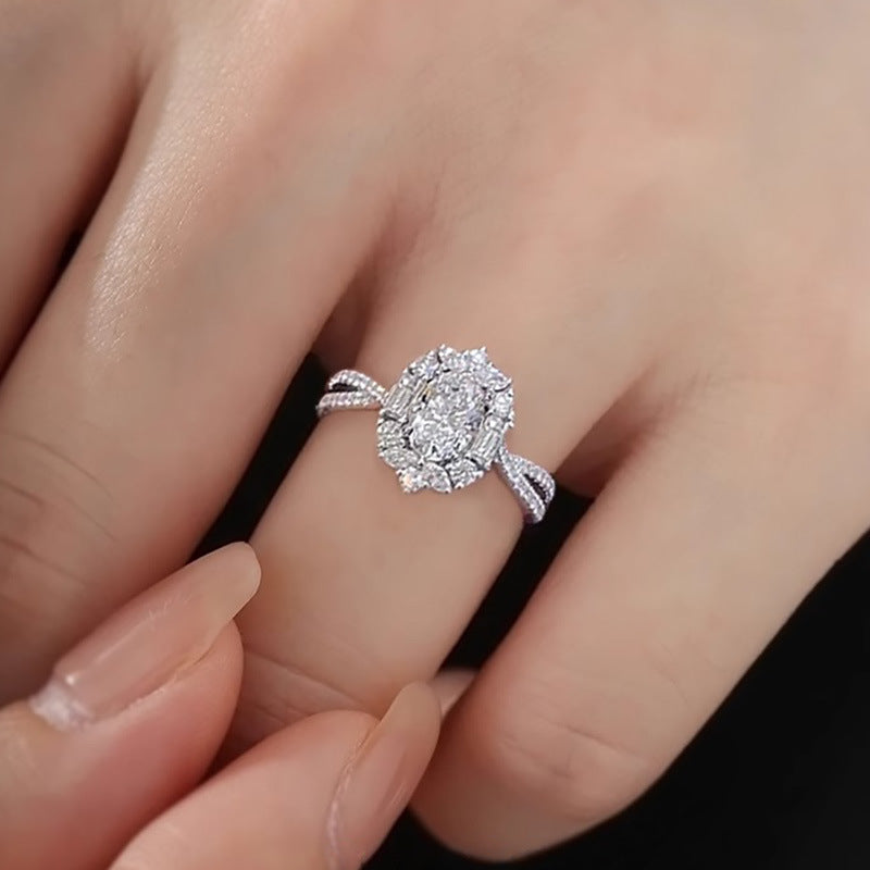 Luxury Design Oval Simulated Moissanite Engagement Ring, White Gold Plated Cluster Zircon Ring For Women, Wholesale