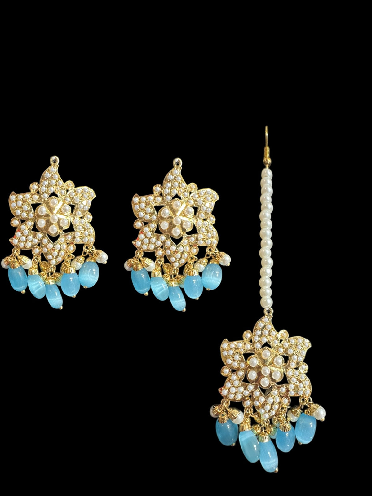 DJET65 Iza Jadau tops and tika set in pearls with turquoise blue beads ( READY TO SHIP )