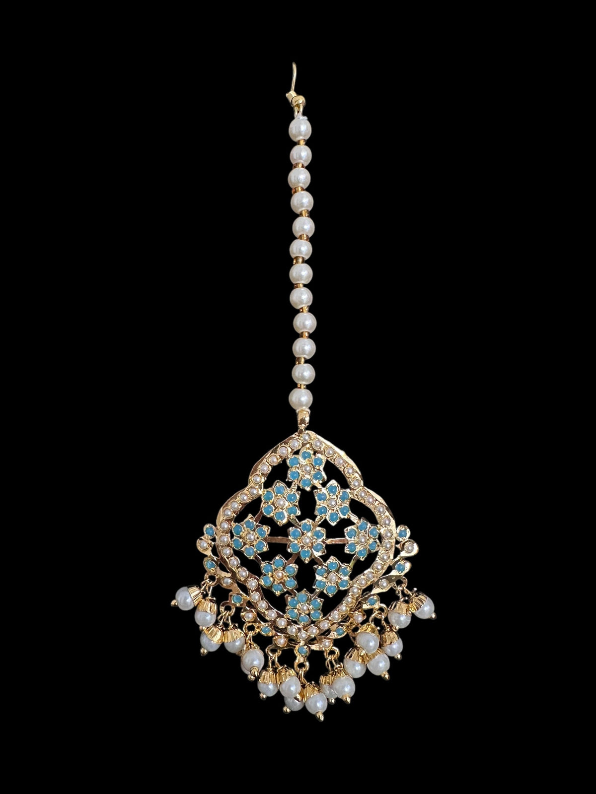 DJET91 Mehru Jadau chandbali earrings tika in turquoise/feroza pearls ( READY TO SHIP )