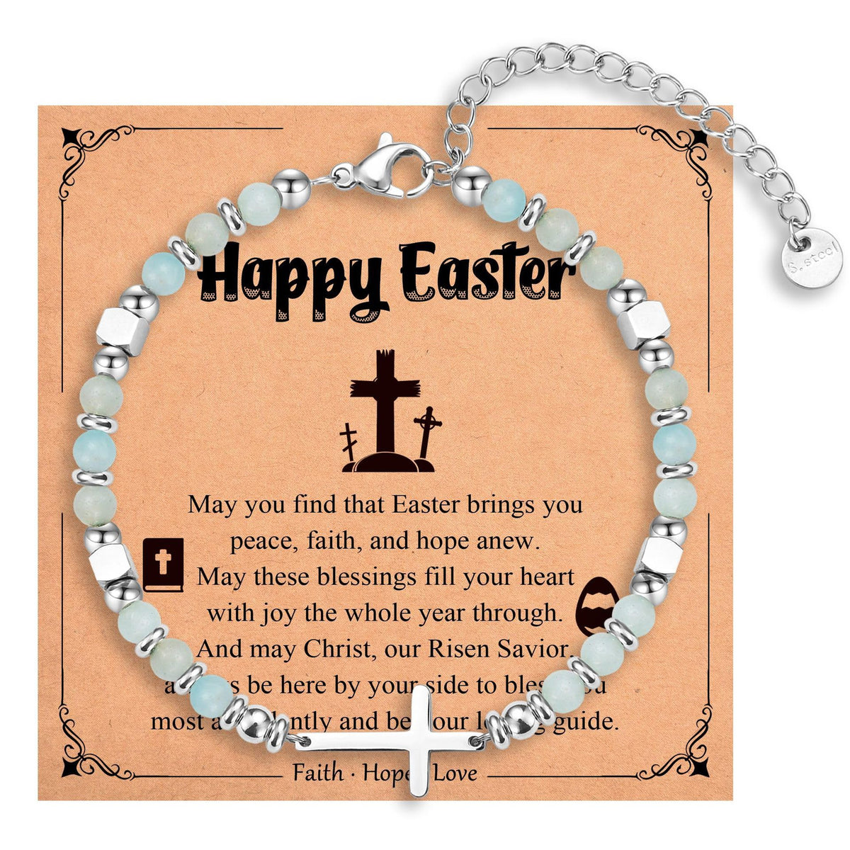 Natural Stainless Steel Cross Beaded Bracelet Card