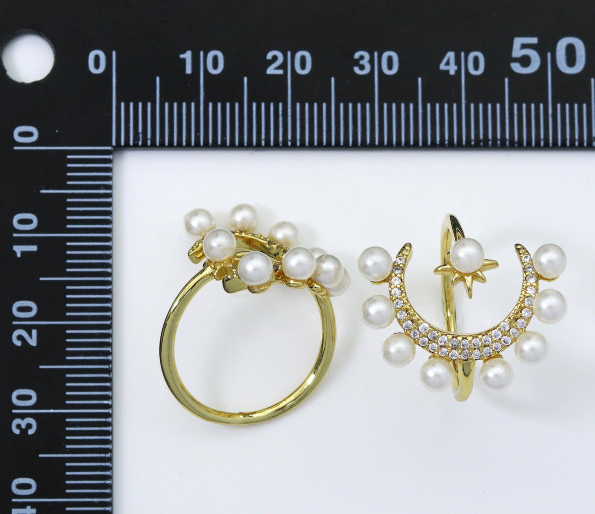 CZ Crescent Moon North Star Pearl Adjustable Ring, Sku#O104