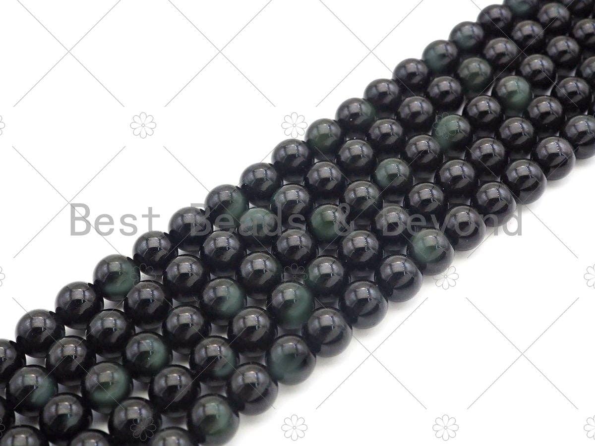 High Quality Natural Green Obsidian, Round Smooth 10mm/12mm Beads, 15.5" Full Strand, Sku#U1132