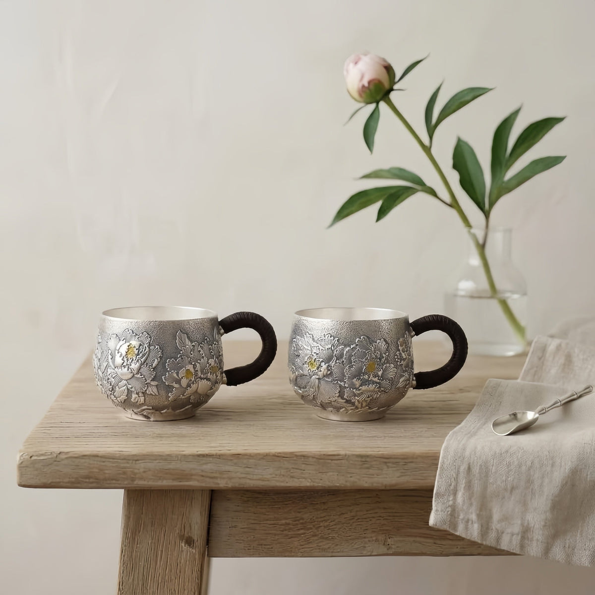 Pure 999 Fine Silver Elegant Handcrafted Silver Teacups Featuring Detailed Peony Relief and Traditional Woven Handles - Handicraft