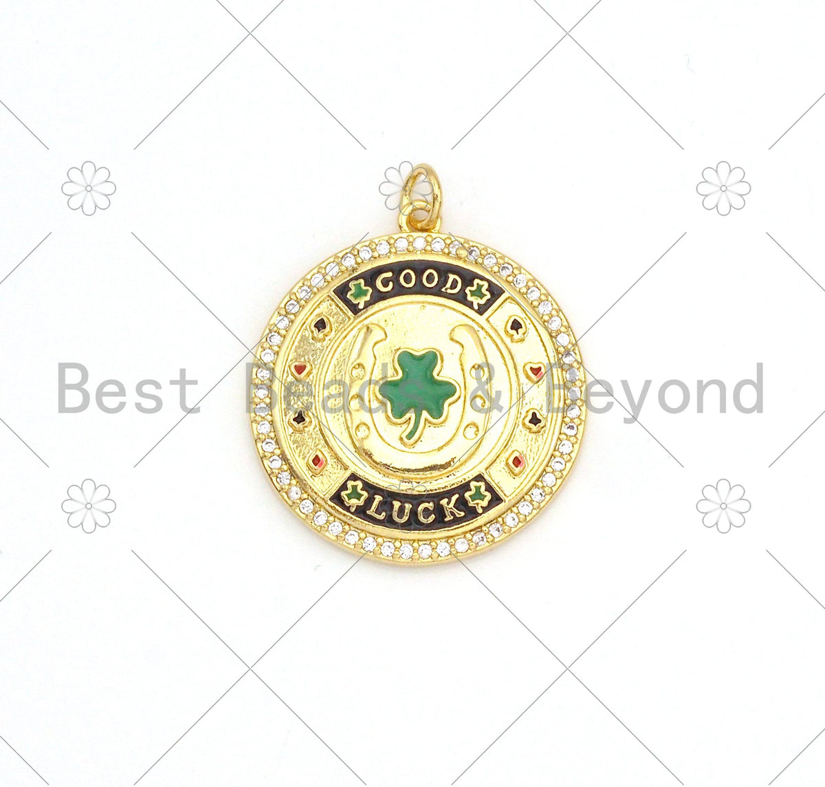 CZ Micro Pave Green Enamel Leaf  On Round Medallion Shape Pendant,18K Gold Filled Good Luck Charm, Necklace Bracelet Charm,25x28mm,Sku#LK380